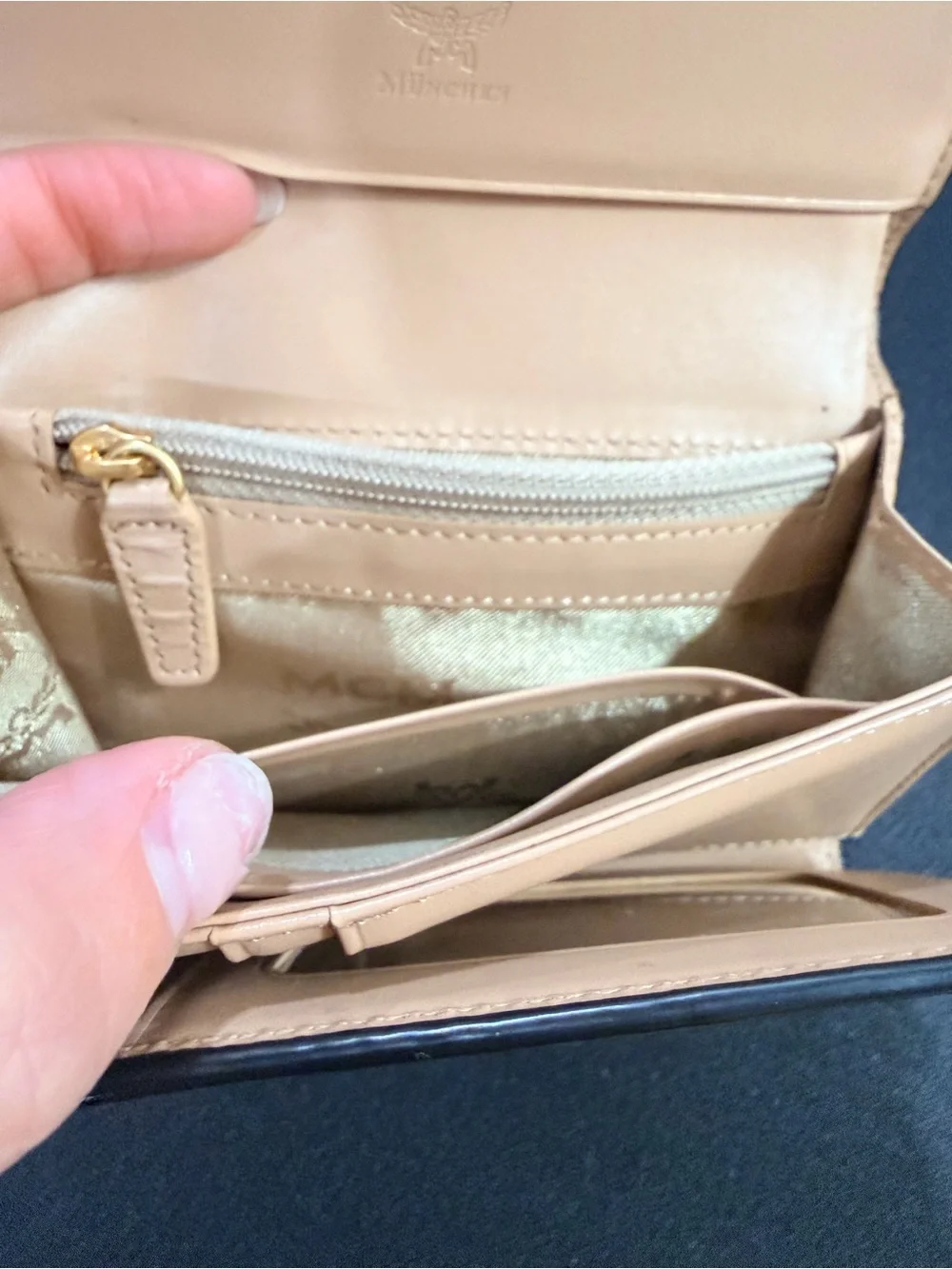 MCM Green Leather Trifold Wallet Gold Logo Card Holder & Coin Zippy pouch